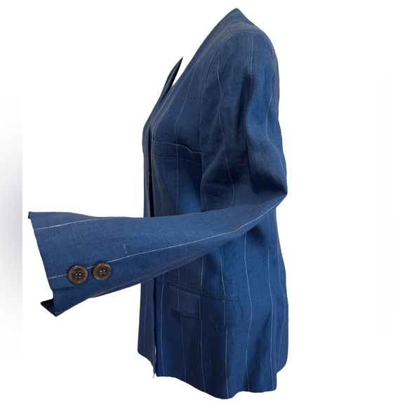 80s DIOR BLUE LINEN PINSTRIPE LUXURY BOXY DOUBLE BREASTED COLLARLESS BLAZER SZ 6 - Picture 4 of 9
